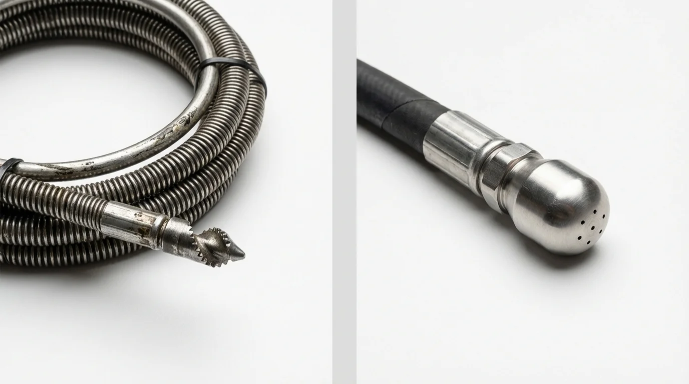 Drain snake cable and hydro jetting nozzle used for drain cleaning in Covington, IN