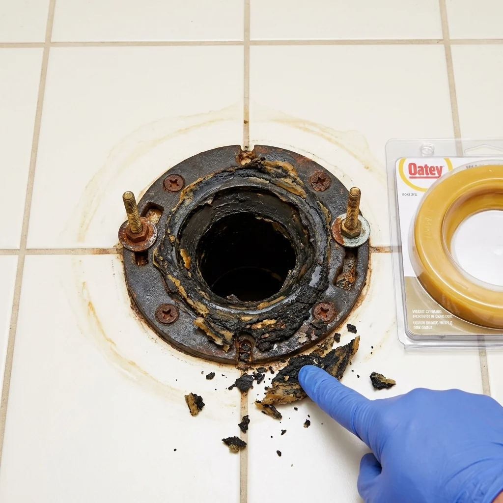 Failed wax ring showing water seepage at the base of a toilet in a Covington, IN home
