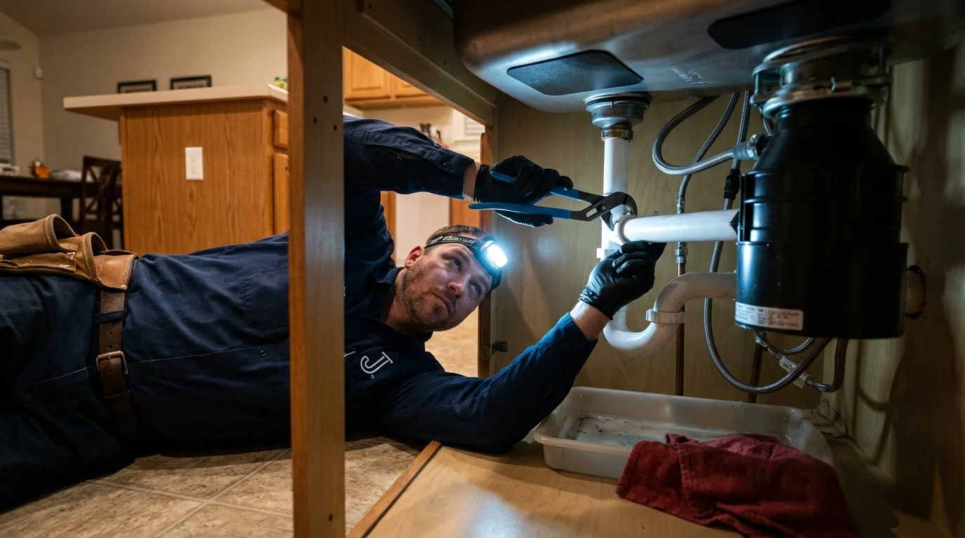 P-trap and supply line connections under a kitchen sink showing a common leak point in Covington, IN